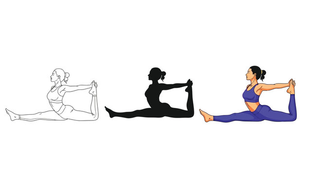 Set of three illustrations of a woman performing one leg extended king pigeon pose eka pada rajakapotasana in yoga outline, silhouette, and full color version