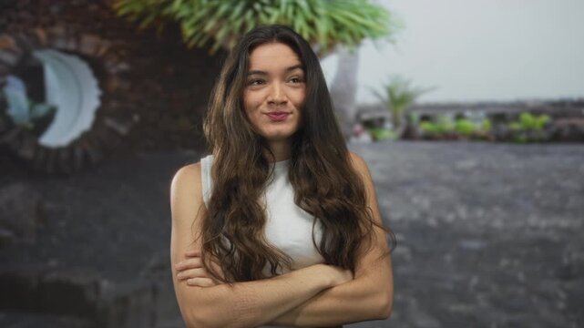 Young hispanic woman with bare arms crossed looks upward on a street under a green yucca plant; surprise.