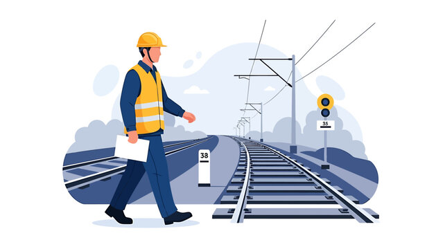 Railway worker in safety vest and hard hat inspecting tracks.