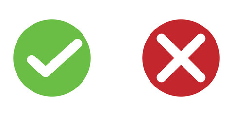 Green tick and Red cross icons on white background. Approval and wrong sing on white page. Positive and negative checkmark icons set . EPS 10. 