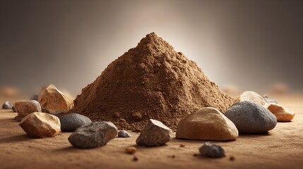 A mound of brown earth stands tall, surrounded by stones in various shades of gray and tan, creating a textured landscape under a soft, diffused light. Nature's palette.