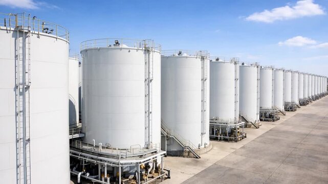Aerial view of Oil and gas refinery storage tanks. 