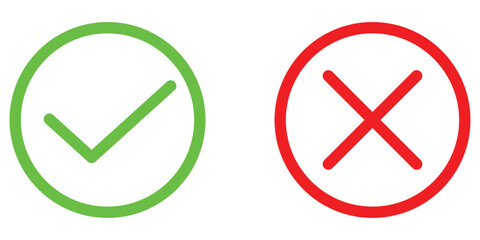Green tick and Red cross icons on white background. Approval and wrong sing on white page. Positive and negative checkmark icons set . EPS 10. 