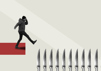 Collage with a walking man covering his eyes with his hand 