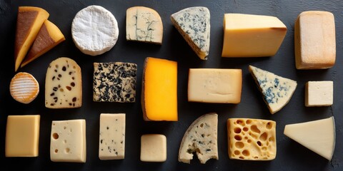 different types of cheese on a dark background