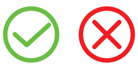 Vector modern isolated Tick and cross icon set on white background. Correct and Negative sing icons set on white background. Checkmark signs on isolated page. EPS 10. 