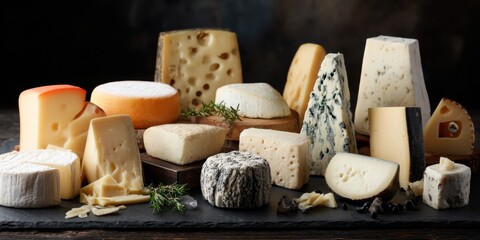 different types of cheese on a dark background
