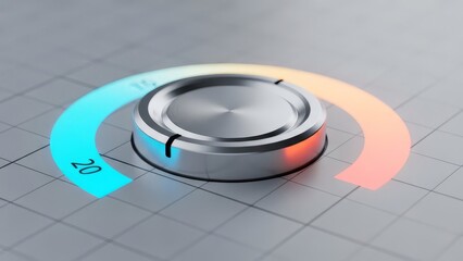 A metallic button with a blue and orange gradient arc on a grid background representing a temperature or intensity control interface for digital technology with adjustment