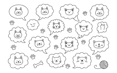 Doodle set of many cat faces in various thought bubbles with paw prints and yarn