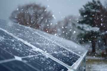 Blue solar panel covered in snow with many delicate snowflakes falling. Use for articles on solar energy performance in challenging winter climates.