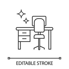 Fototapeta premium Cleaning table desk linear icon. Thin line illustration. Keeping workplace clean. Tidy home or office desk. Contour symbol. Vector isolated outline drawing. Editable stroke