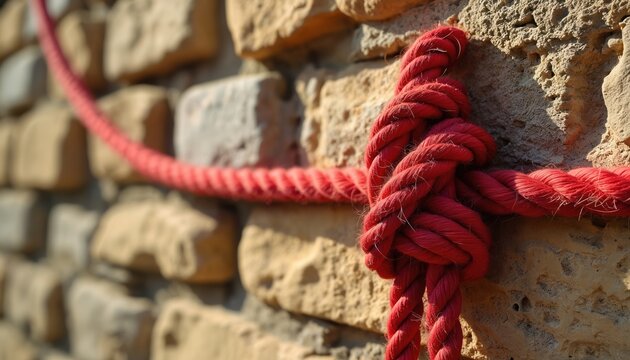 Thick scarlet rope tied in knot against weathered stone wall. Textured cord curves across rough building blocks. Sunlight highlights details of ancient masonry and fibrous material.