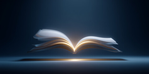 Open white book emitting golden light representing knowledge on deep navy background