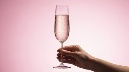 Hand holding champagne flute with bubbly pink drink