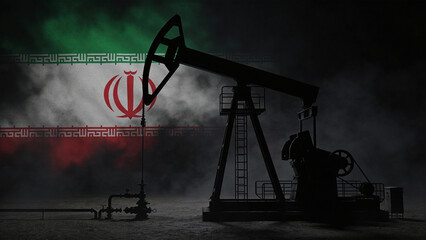 Industrial Oil Pump Jack Operating in Desert Landscape with Iranian Flag and Dark Smoke Background