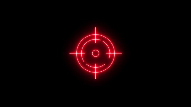 Glowing red neon target crosshair animation forming and dissolving on a black background, aim, precision, strategy, security, or gaming