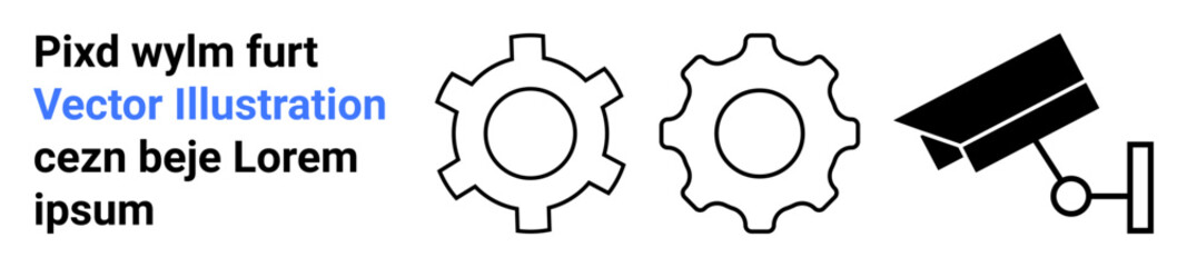 Fototapeta premium Gears for machinery or teamwork, camera for security or surveillance, cap for education or graduation. Ideal for industry, teamwork, monitoring, achievement, study, safety simple landing page