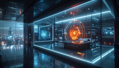 Futuristic control room, complex displays, overlooking city skyline