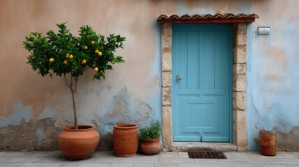 A house with a blue door and a lemon tree in Italy