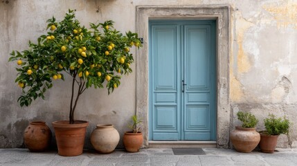 A house with a blue door and a lemon tree in Italy