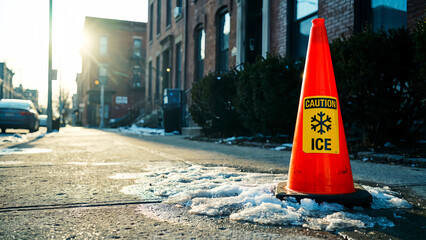 Bright orange caution cone clearly warns pedestrians of hazardous slippery ice conditions present on a sunlit, cold urban sidewalk during winter weather season.