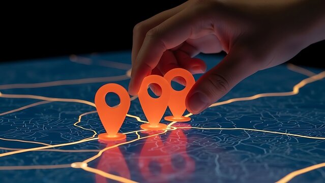 Hand Placing Glowing Orange Location Pins on a Blue Digital Map - Powered by Adobe