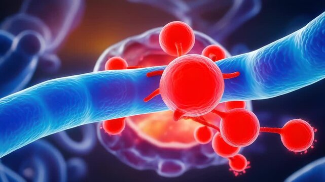 Cancer cell attacking healthy tissue microscopic 3D view with red malignant cells invading blue healthy cell showing detailed infection process