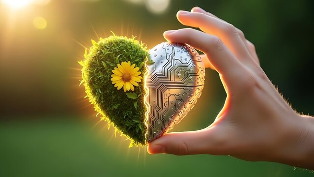 Hand holding a heart split between nature and technology with a yellow flower - Powered by Adobe