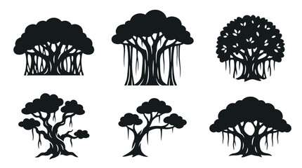 Set of Banyan tree silhouette vector illustration isolated on white background. Black tropical ficus plant collection with hanging aerial roots and thick trunk for nature landscape design.