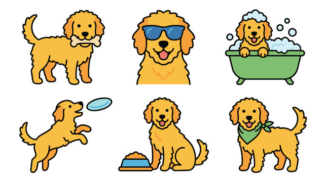 Goldendoodle cartoon character vector illustration set. Cute dog playing with frisbee taking bath and eating food. Funny puppy daily activity collection isolated on white background.