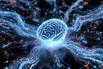 Futuristic artificial intelligence brain concept, glowing blue data lines, digital technology background, 3D rendering