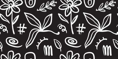 Simple hand-drawn abstract black and white floral print. Trendy collage pattern. Fashionable template for fabric design.