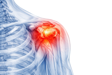 Human shoulder joint anatomy showing rotator cuff injury inflammation pain medical healthcare x-ray illustration isolated on white background