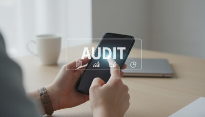 Person holding smartphone over wooden desk, interacting with digital audit interface and financial icons for online business analysis, accounting review and fiscal reporting