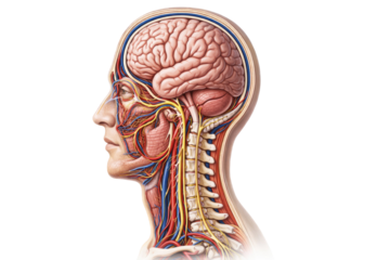 Human head and brain anatomy with nerves blood vessels medical science educational illustration isolated on white background