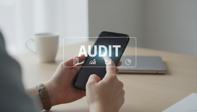 Person holding smartphone over wooden desk, interacting with digital audit interface and financial icons for online business analysis, accounting review and fiscal reporting - Powered by Adobe