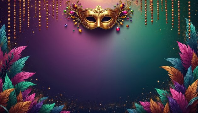 Golden masquerade mask with colorful feathers and beads adorns a purple green gradient. Festive background for party invitations, Mardi Gras events, or celebratory designs.