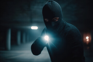 The silhouette of a man in black balaclava with a flashlight in his hands in a car park at night