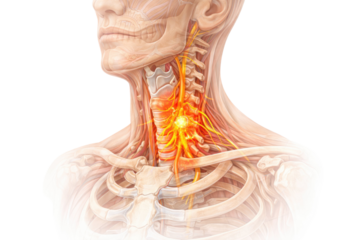 Human neck anatomy showing cervical spine nerves pain inflammation medical healthcare illustration isolated on white background