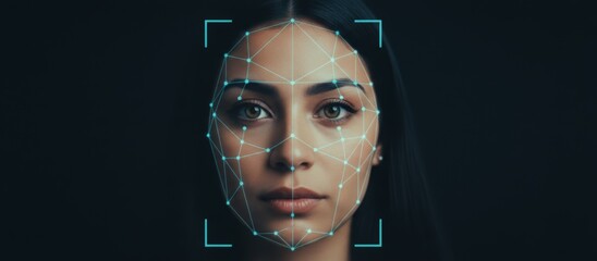 Woman portrait with digital mesh and tracking markers on her face, illustrating biometric facial recognition and ai powered identity scanning for secure access and futuristic surveillance systems