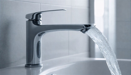 Nowoczesna chromowana bateria łazienkowa z płynącą czystą wodą