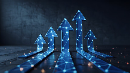 Five glowing blue arrows ascending upwards in a dark abstract digital space symbolizing progress growth and technological advancement