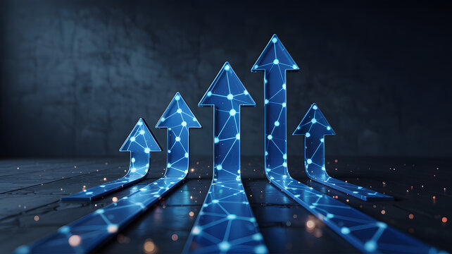 Five glowing blue arrows ascending upwards in a dark abstract digital space symbolizing progress growth and technological advancement