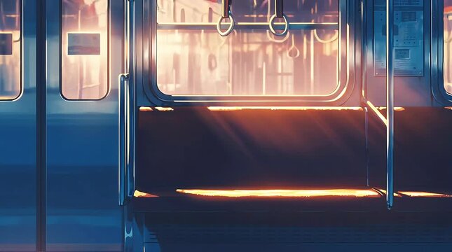 Inside a train with a sunlight through a window and empty seats. The image has a calm and peaceful mood