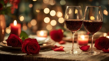 Romantic dinner at a table with rose petals, glasses of wine, lights and candles
