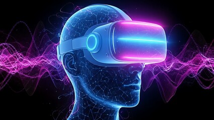 Digital Head with Blue and Pink Virtual Reality Headset and Glowing Neural Network