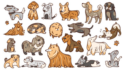 Fototapeta premium Dogs outline set in cartoon doodle style with various poses: sitting, running, stretching, sleeping, lying, yawning, playing. Cute colored dogs for stickers, kids design, cards. Vector illustration.