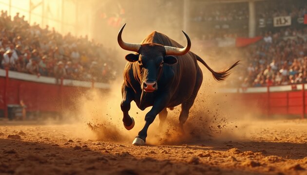 Powerful bull runs across sandy arena kicking up dust. Spectators watch event from stadium seats in background. Action happens during sunny day. Intense atmosphere.