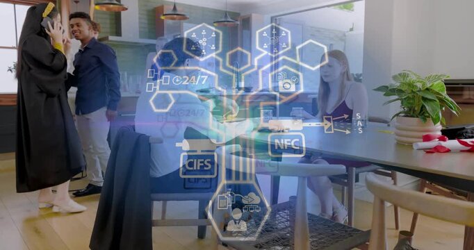Seated man leading chat in kitchen, phone tap starting tech overlays visualizing CIFS NFC hexagons