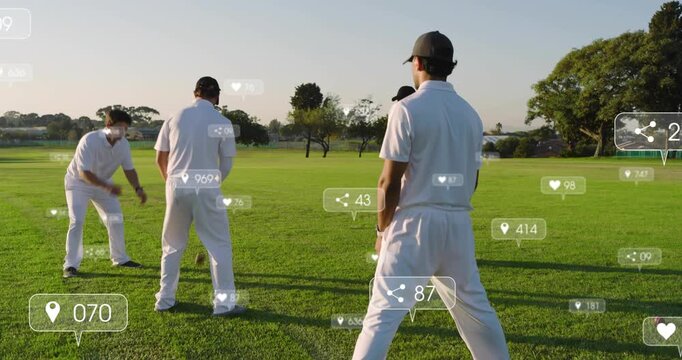 Foreground cricketer initiating toss while teammates practicing fielding drill, overlays rising